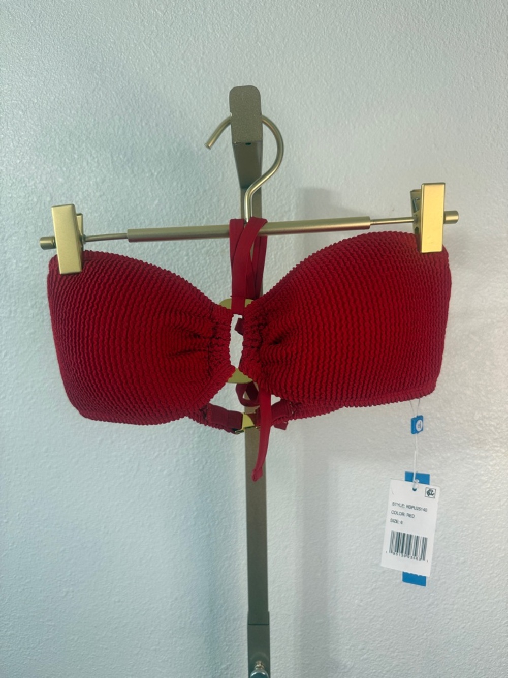 Bleu Rod Beattie Red Textured Bandeau bikini top with halter Straps- Size 6